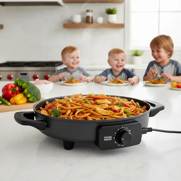 Large Presto electric skillet actively cooking a family-sized meal, showcasing its generous capacity and versatility.