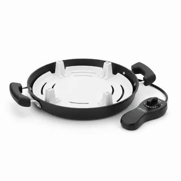 Presto 16-inch electric foldaway skillet disassembled for compact storage, showcasing its space-saving design.