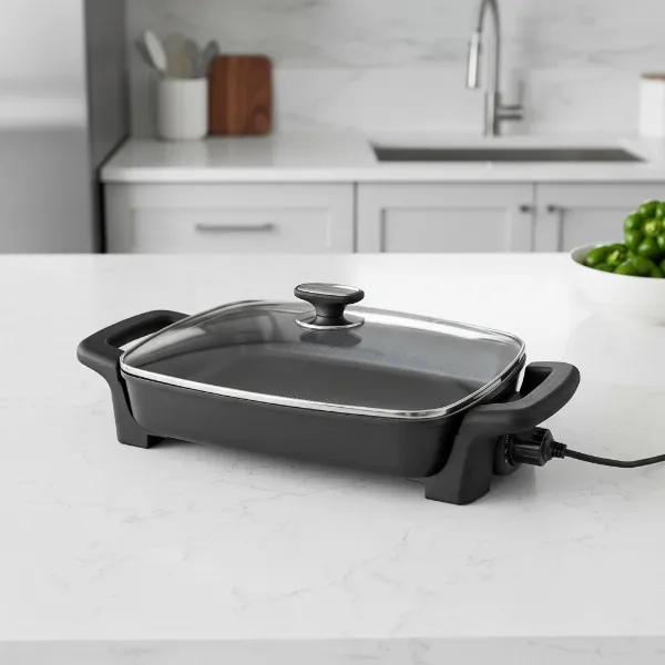 Proctor Silex electric skillet with key features highlighted, including nonstick surface, temperature control, and lid.