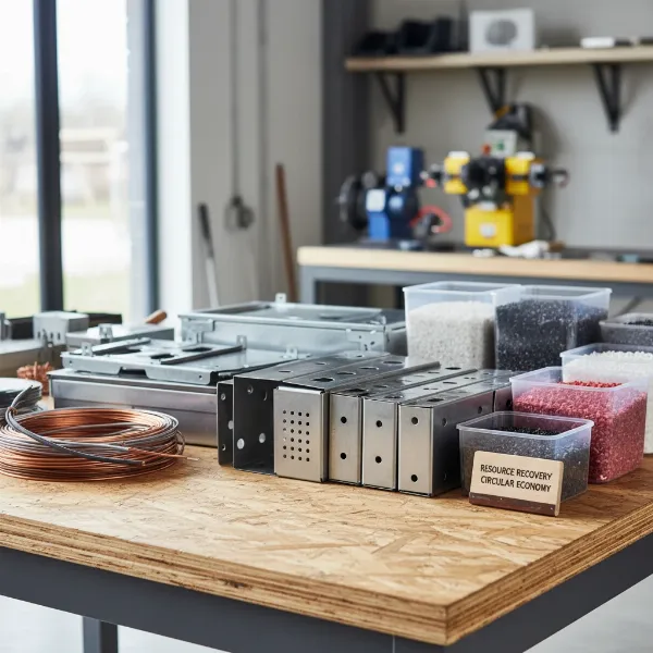 Various sorted materials like metals and plastics recovered from recycled electric cookers, ready for reuse.