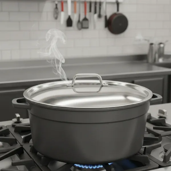 Durable stainless steel lid on a heavy-duty pot, symbolizing superior heat retention and robustness.