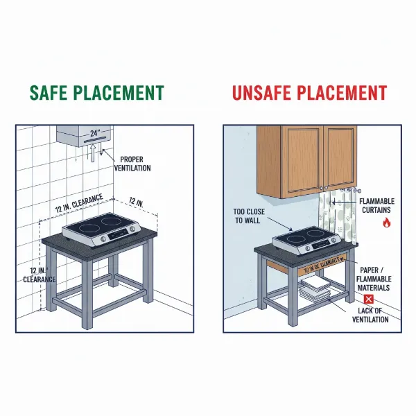 Visual guide showing correct and incorrect placement of an electric cooker with clearance.