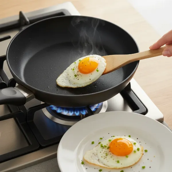 Perfectly cooked eggs effortlessly sliding off a Sensarte nonstick skillet, demonstrating its superior coating.