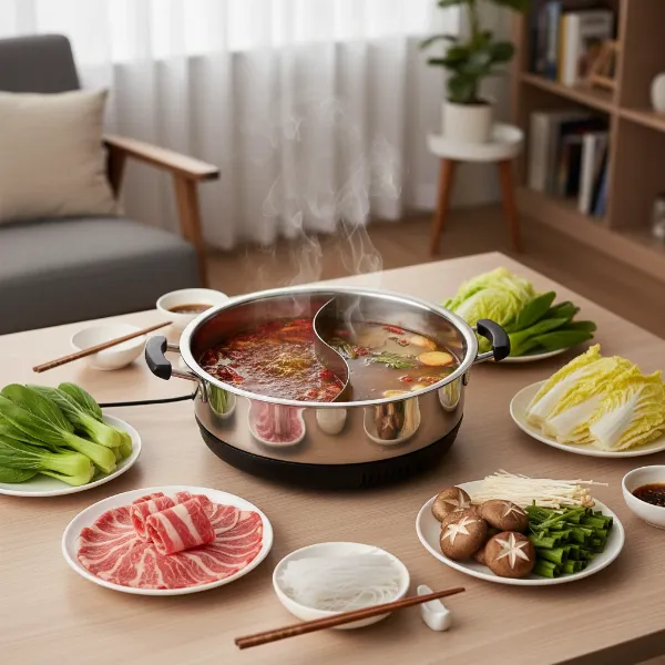 Sonya electric shabu shabu hot pot with dual compartments, two simmering broths.