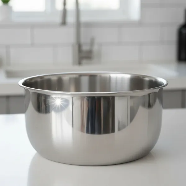A spotless, gleaming electric cooker inner pot, free from any burnt food or stains, ready for use.