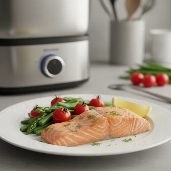 perfectly steamed fish and colorful vegetables from electric cooker