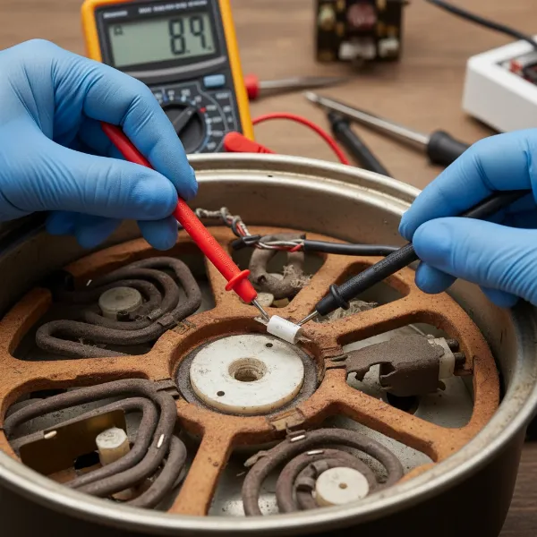 A multimeter being used to test the continuity of a thermal fuse in an electric cooker.