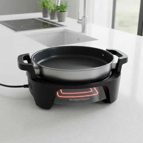 A Tiger electric skillet showcasing its M-shaped heater, metallic fluorine coating, and ergonomic handles.