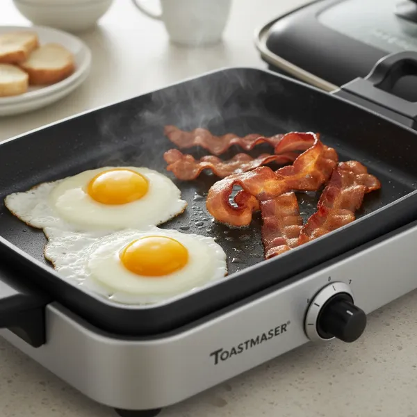 A Toastmaster electric skillet with a non-stick surface actively cooking eggs and bacon for breakfast