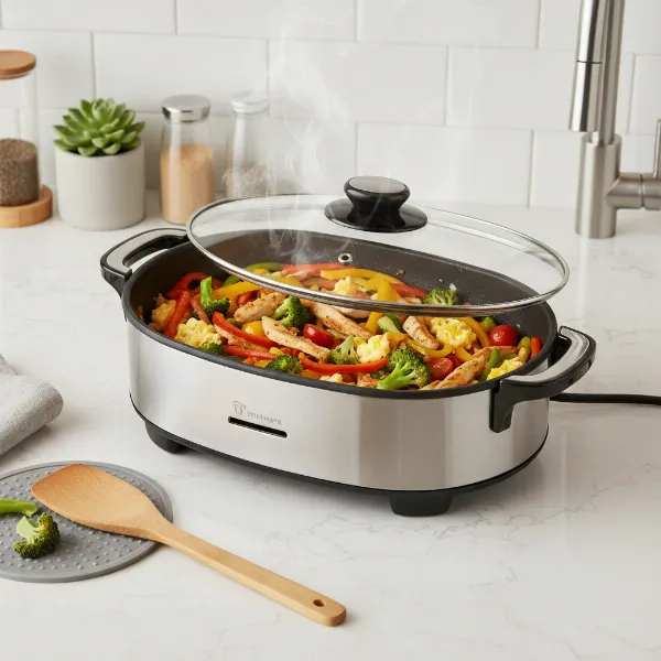 A modern electric skillet cooking various dishes, showcasing its versatility for different meals.