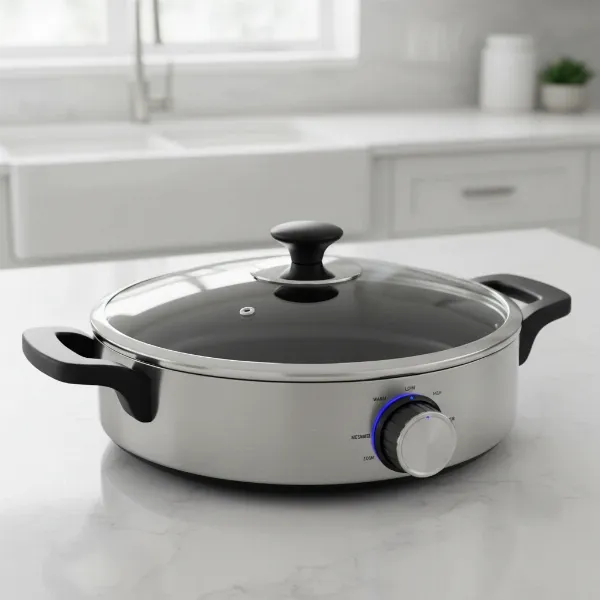 A modern electric skillet showcasing its features like temperature control and non-stick surface.