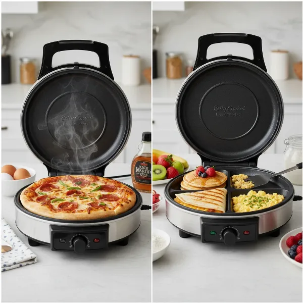 A Betty Crocker electric pizza maker cooking various foods like pancakes, quesadillas, and grilled sandwiches, demonstrating its versatility.