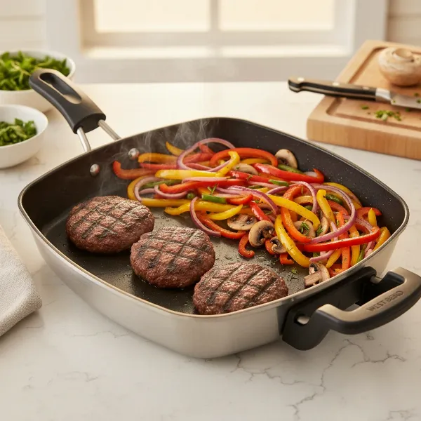 Delicious meal, such as burgers and vegetables, cooking evenly in a West Bend electric skillet.