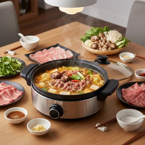 Zojirushi electric skillet cooking hot pot on a dining table, surrounded by various ingredients.