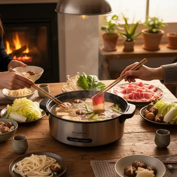 Zojirushi Gourmet d'Expert Electric Skillet being used for a hot pot dinner on a dining table.